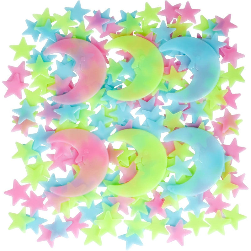 200 Pcs Glow in The Dark Luminous Colorful Stars and Pink Moon Fluorescent Noctilucent Plastic Wall Stickers Murals Decals for Home Art Decor Ceiling Wall Decorate Kids Babys Bedroom Room