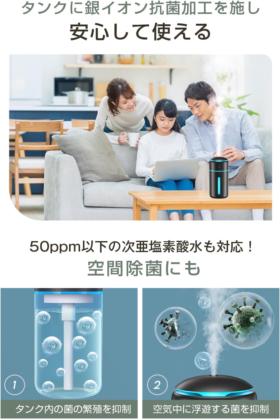 加湿器 卓上 小型 【 2025新設計・銀イオン抗菌加工】 卓上加湿器 除菌 超音波 コードレス USB-C充電式 大容量バッテリー かしつき 静音 自動停止機能 7色RGBライト 車用 加湿機 一人暮らし デスク 寝室 オフィス 子供部屋 水溶性アロマ対応 次亜塩素酸水対応 乾燥対策 花粉症対策 (ホワイト)