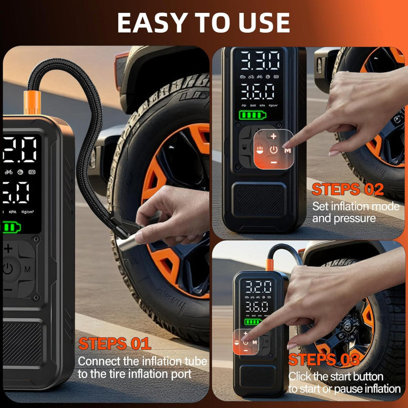 Tire Inflator Portable Air Compressor, Electric Air Pump for Car, Motorcycle, Bike, Balls with Tires Pressure Gauge, 150PSI Air Compressor Portable, Tires Pump with LED Light & Auto Shut-Off