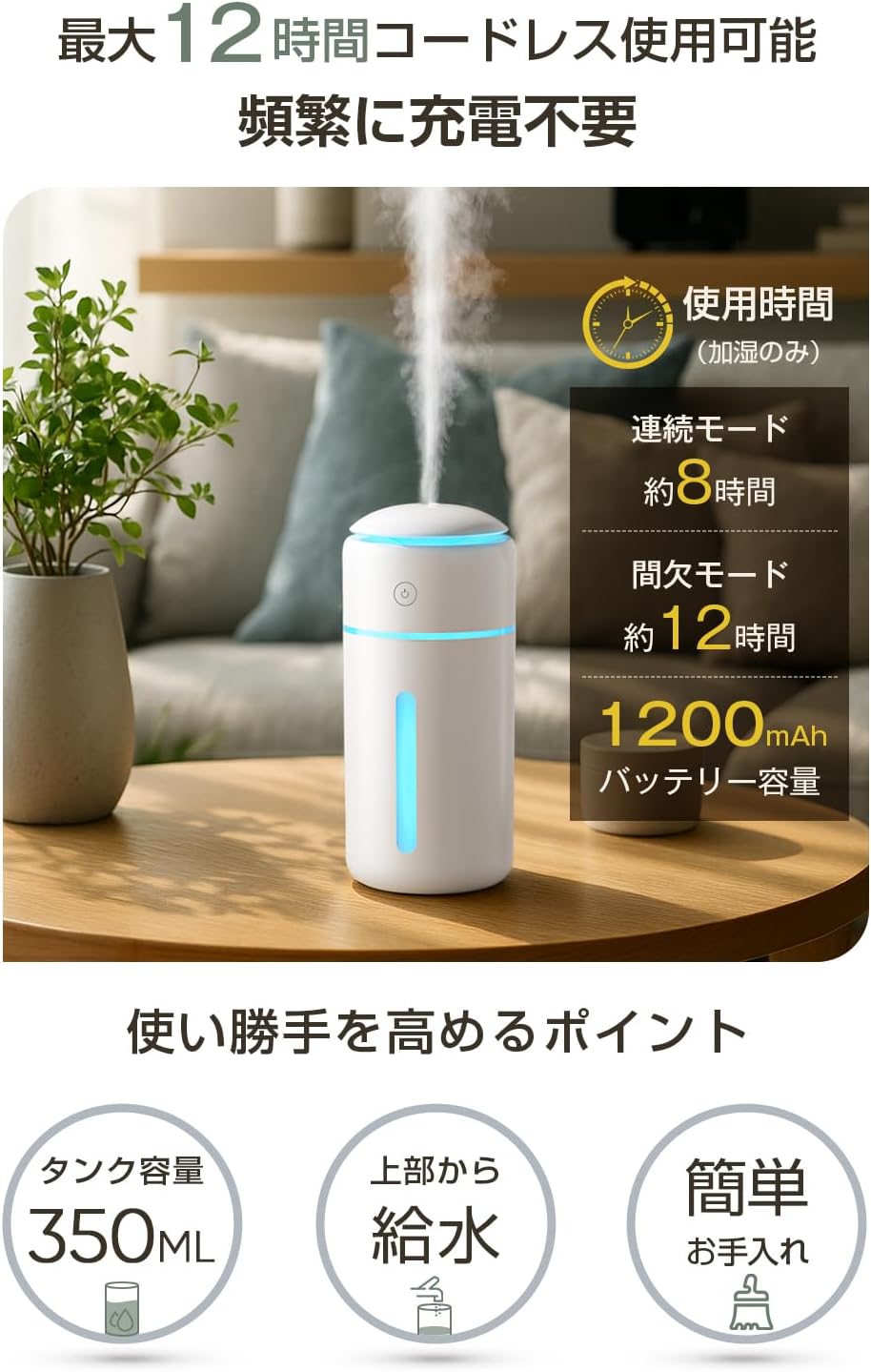 加湿器 卓上 小型 【 2025新設計・銀イオン抗菌加工】 卓上加湿器 除菌 超音波 コードレス USB-C充電式 大容量バッテリー かしつき 静音 自動停止機能 7色RGBライト 車用 加湿機 一人暮らし デスク 寝室 オフィス 子供部屋 水溶性アロマ対応 次亜塩素酸水対応 乾燥対策 花粉症対策 (ホワイト)